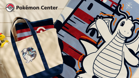 Visuel officiel Pokémon Center collection été 2026 picnic et plage avec Dracolosse et Pharamp
