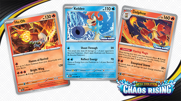 Annonce officielle TPCi des cartes promo Ho-Oh, Keldeo et Delphox pour la sortie de Pokémon JCC Méga-Évolution Chaos Ascendant