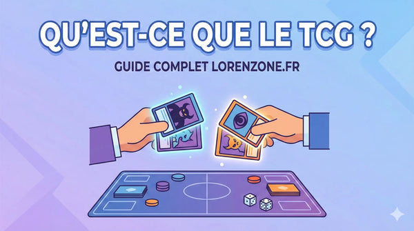 "Illustration vectorielle pour le guide 'Qu'est-ce que le TCG ?' sur lorenzone.fr, montrant deux mains échangeant des cartes à collectionner au-dessus d'un tapis de jeu avec dés et jetons.