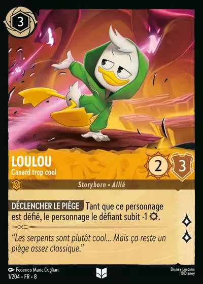 Carte Lorcana - Disney Loulou, Canard trop cool 001/204 Peu Commune Federico Maria Cugliari Chapitre 08 Le Règne de Jafar ROJ Neuf FR LorenZone