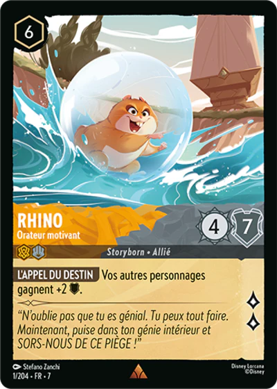 Carte Lorcana - Disney Rhino, Orateur motivant 001/204 Rare Stefano Zanchi Chapitre 07 L'Île d'Archazia ARI Neuf FR LorenZone