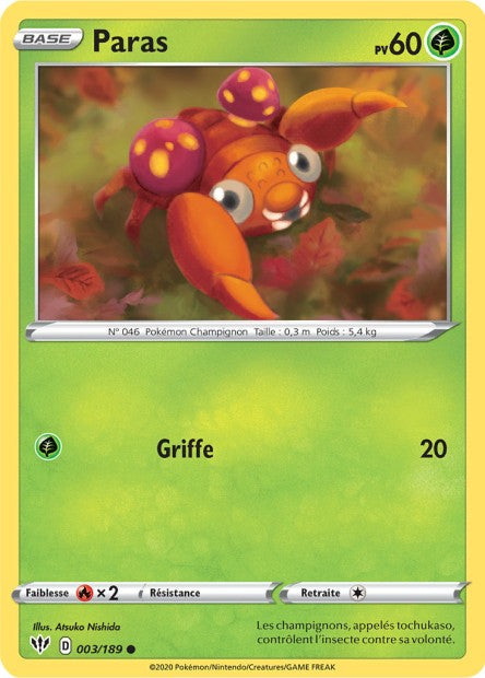 Carte Pokémon Paras 003/189 SWSH3 Ténèbres Embrasées EB03 Neuf FR LorenZone