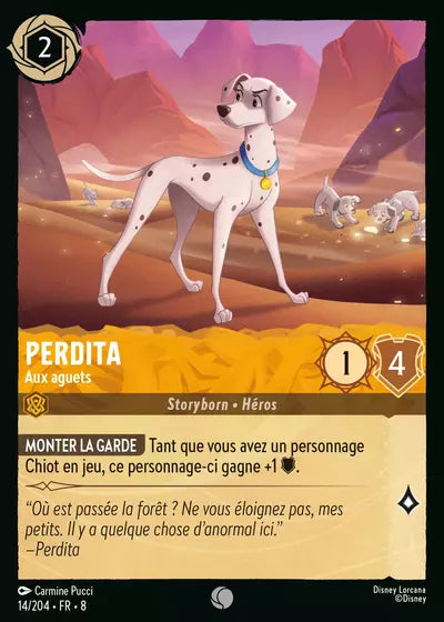 Carte Lorcana - Disney Perdita, Aux aguets 014/204 Commune Carmine Pucci Chapitre 08 Le Règne de Jafar ROJ Neuf FR LorenZone