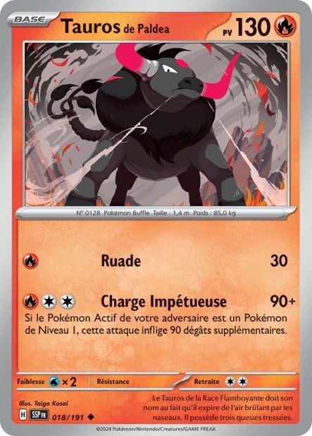Carte Pokémon Tauros de Paldea 018/191 SSP Étincelles Déferlantes EV08 Neuf FR LorenZone