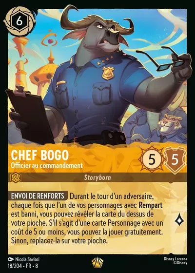 Carte Lorcana - Disney Chef Bogo, Officier au commandement 018/204 Légendaire Nicola Saviori Chapitre 08 Le Règne de Jafar ROJ Neuf FR LorenZone