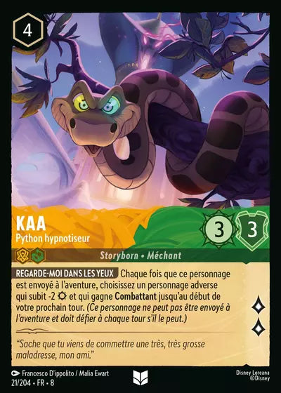 Carte Lorcana - Disney Kaa, Python hypnotiseur 021/204 Peu Commune Francesco D'ippolito Malia Ewart Chapitre 08 Le Règne de Jafar ROJ Neuf FR LorenZone
