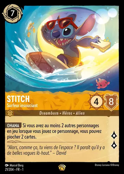 Carte Lorcana - Disney Stitch, Surfeur insouciant 021/204 Chapitre 01 Premier Chapitre FC Neuf FR LorenZone