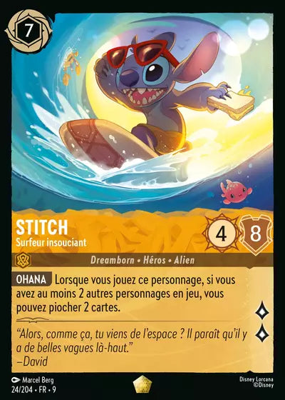 Carte Lorcana - Disney Stitch, Surfeur insouciant 024/204 Chapitre 09 Fabuleux FAB Neuf FR LorenZone