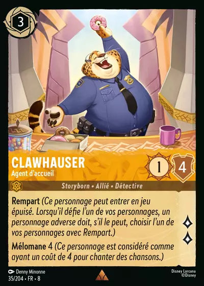 Carte Lorcana - Disney Clawhauser, Agent d'accueil 035/204 Rare Denny Minonne Chapitre 08 Le Règne de Jafar ROJ Neuf FR LorenZone