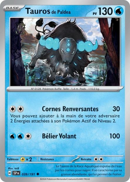 Carte Pokémon Tauros de Paldea 039/191 SSP Étincelles Déferlantes EV08 Neuf FR LorenZone
