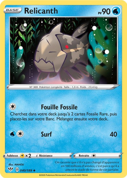 Carte Pokémon Relicanth 040/189 SWSH3 Ténèbres Embrasées EB03 Neuf FR LorenZone