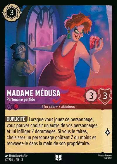 Carte Lorcana - Disney Madame Médusa, Partenaire perfide 047/204 Peu Commune Heidi Neunhoffer Chapitre 08 Le Règne de Jafar ROJ Neuf FR LorenZone