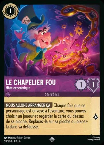 Carte Lorcana - Disney Le Chapelier Fou, Hôte excentrique 059/204 Super Rare  Chapitre 06 La Mer Azurite AZS Neuf FR LorenZone