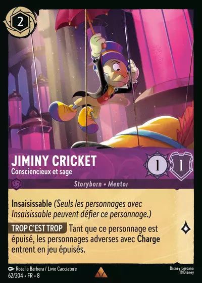 Carte Lorcana - Disney Jiminy Cricket, Consciencieux et sage 062/204 Rare Rosa la Barbera Livio Cacciatore Chapitre 08 Le Règne de Jafar ROJ Neuf FR LorenZone