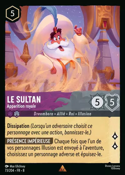 Carte Lorcana - Disney Le sultan, Apparition royale 073/204 Rare Max Ulichney Chapitre 08 Le Règne de Jafar ROJ Neuf FR LorenZone