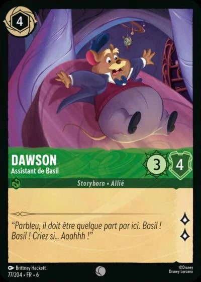 Carte Lorcana - Disney Dawson, Assistant de Basil 077/204 Commune  Chapitre 06 La Mer Azurite AZS Neuf FR LorenZone