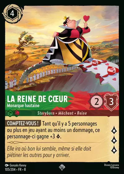 Carte Lorcana - Disney La reine de coeur, Monarque hautaine 105/204 Super Rare Gonzalo Kenny Chapitre 08 Le Règne de Jafar ROJ Neuf FR LorenZone
