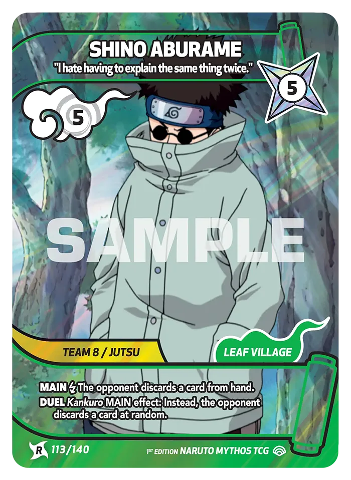 Carte Naruto Mythos Shino Aburame "I hate having to explain the same thing twice." 113/140 Rare Standard Shinobi Shiren 2ème Chapitre Neuf EN LorenZone