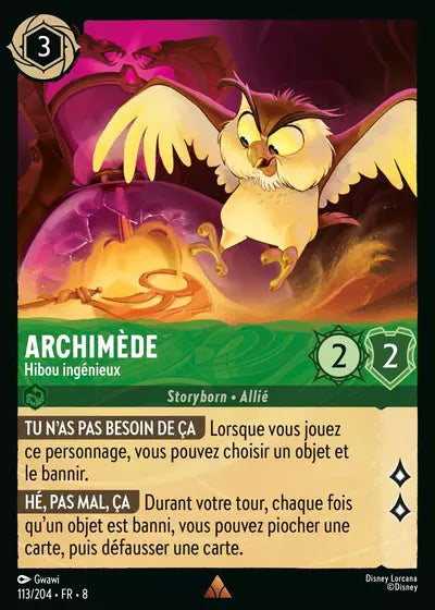 Carte Lorcana - Disney Archimède, Hibou ingénieux 113/204 Rare Gwawi Chapitre 08 Le Règne de Jafar ROJ Neuf FR LorenZone