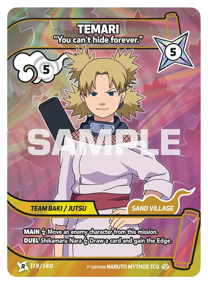 Carte Naruto Mythos Temari "You can't hide forever." 119/140 Rare Standard Shinobi Shiren 2ème Chapitre Neuf EN LorenZone