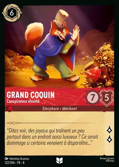 Carte Lorcana - Disney Grand Coquin, Conspirateur éhonté 122/204 Peu Commune Valentina Graziuso Chapitre 08 Le Règne de Jafar ROJ Neuf FR LorenZone