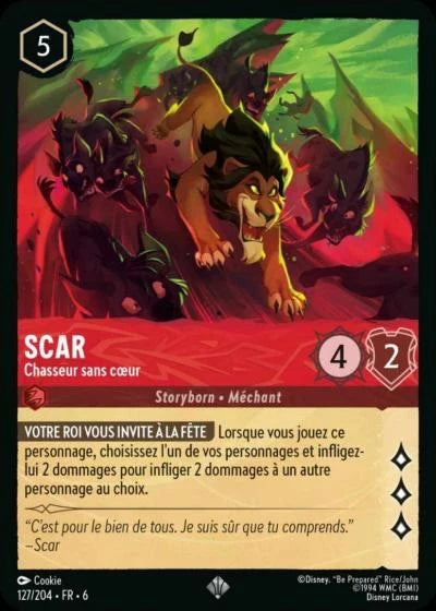 Carte Lorcana - Disney Scar, Chasseur sans coeur 127/204 Super Rare  Chapitre 06 La Mer Azurite AZS Neuf FR LorenZone