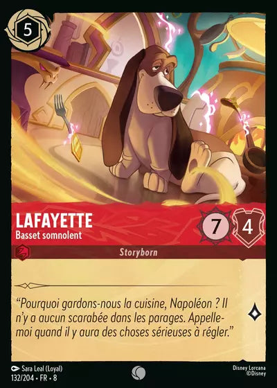 Carte Lorcana - Disney Lafayette, Basset somnolent 132/204 Commune Sara Leal Chapitre 08 Le Règne de Jafar ROJ Neuf FR LorenZone