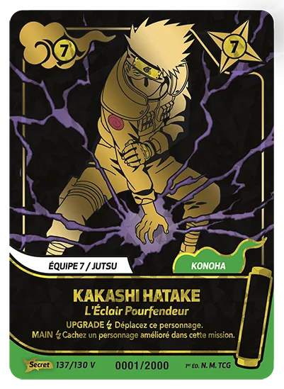 Carte Naruto Mythos KAKASHI HATAKE – L’Éclair Pourfendeur (numérotée) 137/130 V Secret Gold 1er Chapitre Neuf FR LorenZone