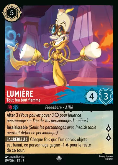 Carte Lorcana - Disney Lumière, Tout feu tout flamme 139/204 Super Rare Justin Runfola Chapitre 08 Le Règne de Jafar ROJ Neuf FR LorenZone