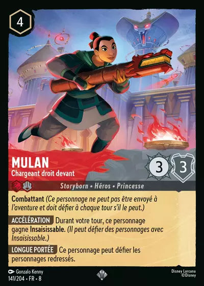 Carte Lorcana - Disney Mulan, Chargeant droit devant 141/204 Super Rare Gonzalo Kenny Chapitre 08 Le Règne de Jafar ROJ Neuf FR LorenZone