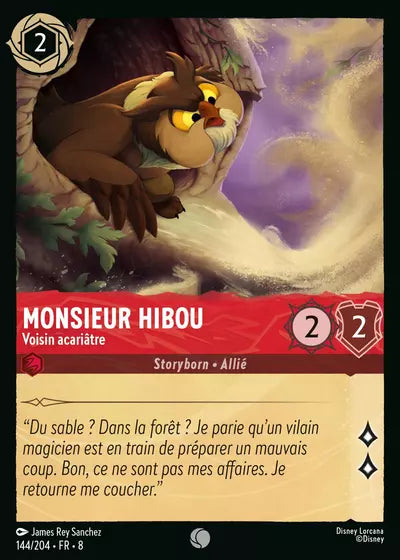 Carte Lorcana - Disney Monsieur Hibou, Voisin acariâtre 144/204 Commune James Rey Sanchez Chapitre 08 Le Règne de Jafar ROJ Neuf FR LorenZone