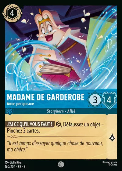 Carte Lorcana - Disney Madame De Garderobe, Amie perspicace 160/204 Commune Giulia Riva Chapitre 08 Le Règne de Jafar ROJ Neuf FR LorenZone