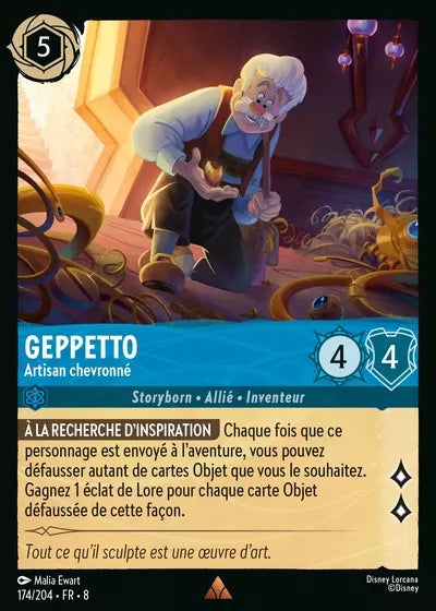 Carte Lorcana - Disney Geppetto, Artisan chevroné 174/204 Rare Malia Ewart Chapitre 08 Le Règne de Jafar ROJ Neuf FR LorenZone