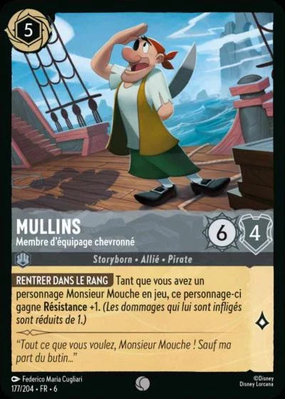 Carte Lorcana - Disney Mullins, Membre d'équipage chevronné 177/204 Commune  Chapitre 06 La Mer Azurite AZS Neuf FR LorenZone