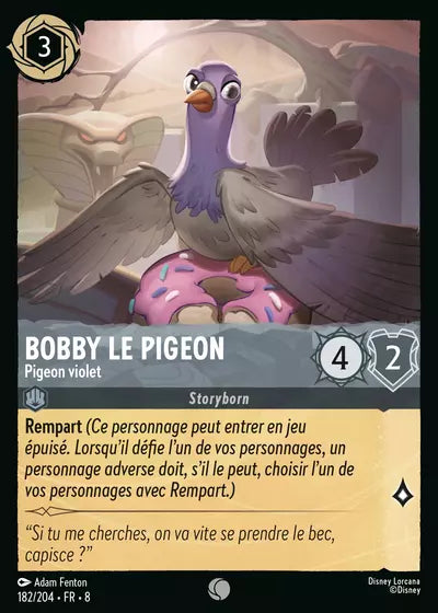 Carte Lorcana - Disney Bobby le pigeon, Pigeon violet 182/204 Commune Adam Fenton Chapitre 08 Le Règne de Jafar ROJ Neuf FR LorenZone
