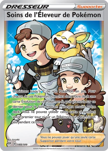 Carte Pokémon Soins de l'Éleveur de Pokémon  188/189 SWSH3 Ténèbres Embrasées EB03 Neuf FR LorenZone