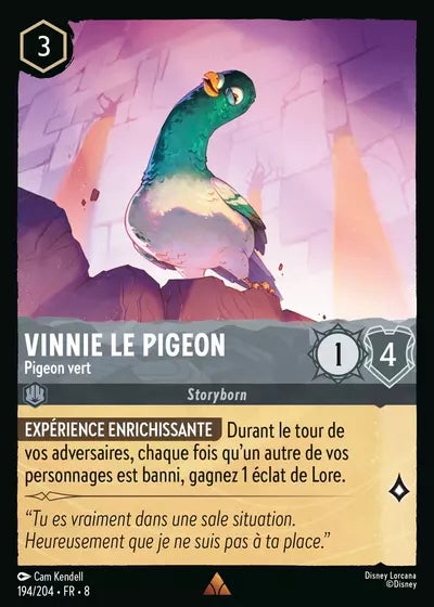 Carte Lorcana - Disney Vinne le Pigeon, Pigeon vert 194/204 Rare Cam Kendell Chapitre 08 Le Règne de Jafar ROJ Neuf FR LorenZone