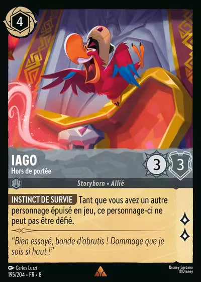 Carte Lorcana - Disney Iago, Hors de portée 195/204 Rare Carlos Luzzi Chapitre 08 Le Règne de Jafar ROJ Neuf FR LorenZone