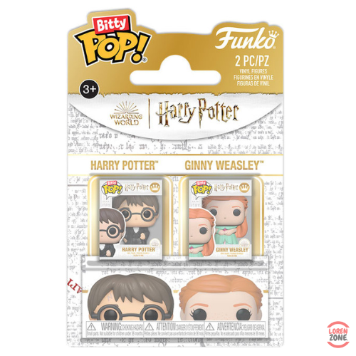 Coffret Bitty Pop Harry Potter contenant 2 mini-figurines vinyle Funko représentant Harry Potter et Ginny Weasley, inspirées de la saga du Wizarding World.