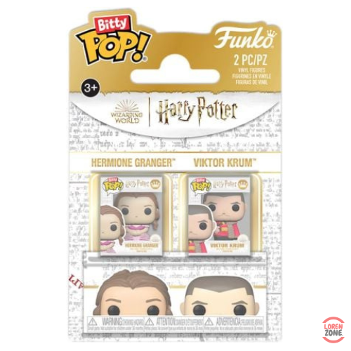 Coffret Bitty Pop Harry Potter contenant 2 mini-figurines vinyle Funko représentant Hermione Granger et Viktor Krum, inspirées du Bal de Noël dans la saga du Wizarding World.