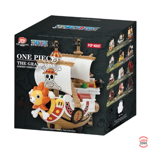 Boîte Pop Mart One Piece The Grand Line Series Vehicles présentant les mini navires des équipages emblématiques.
