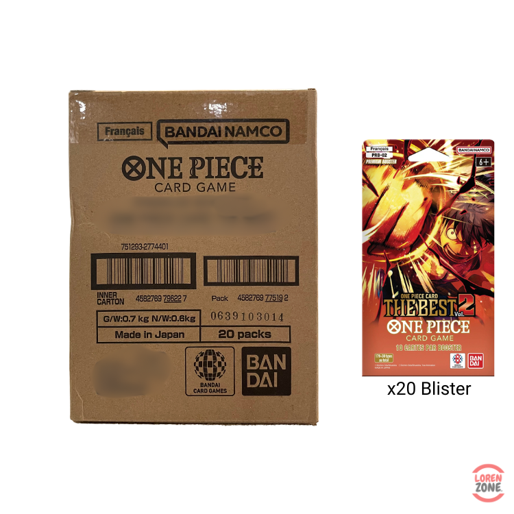 Case de 20 Blisters One Piece Card Game PRB-02 The Best Vol.2 en français, avec illustration de Luffy enflammé.