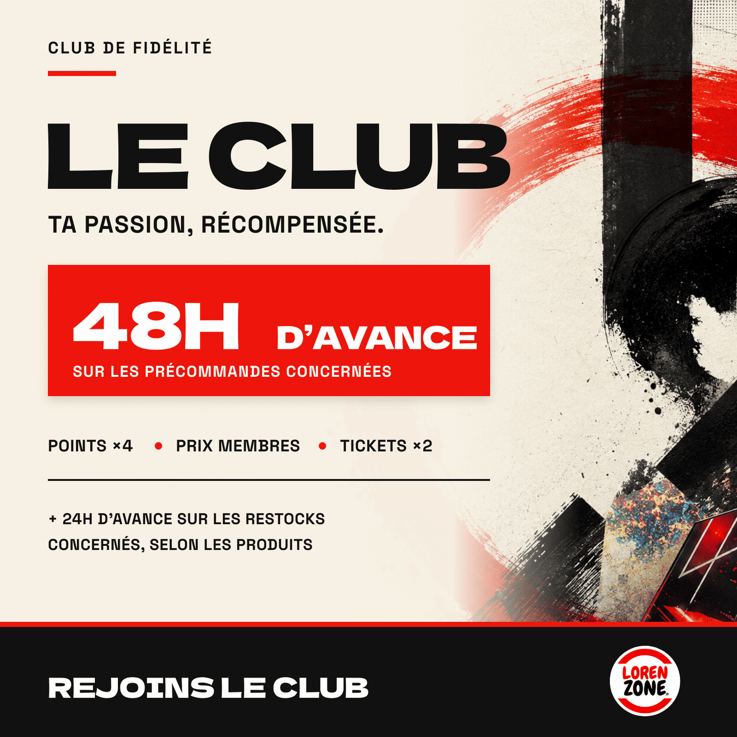 48 heures d'avance sur les précommandes et 24 heures sur les restocks concernés avec le Club LorenZone