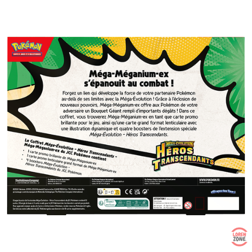 Coffret Pokemon Mega-Meganium EX Heros Transcendants dos avec description et contenu en francais
