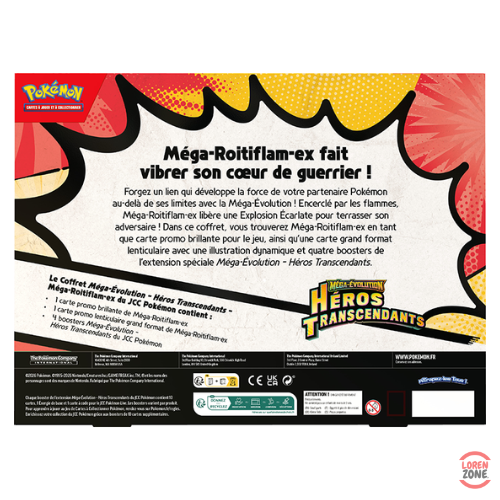 Coffret Pokemon Mega-Roitiflam EX Heros Transcendants dos avec description et contenu en francais