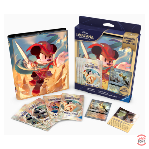 Contenu du coffret Disney Lorcana Chapitre 9 avec portfolio Mickey, 4 boosters, carte promo La Fée Clochette et guide du collectionneur.