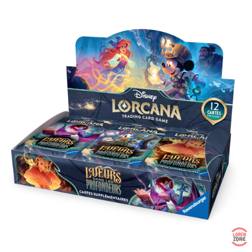 Display Disney Lorcana Lueurs Dans Les Profondeurs Chapitre 10 contenant plusieurs boosters illustrés avec Mickey, Ariel et Hercule sur le thème Trésor des Illuminieurs.