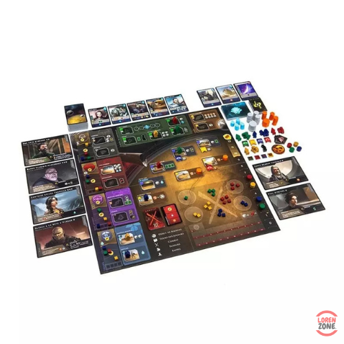 Dune Imperium - contenu : plateaux factions, cartes leaders, jetons épice et combat, dés