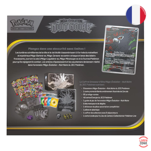 Coffret Dresseur d'Élite ETB Pokémon Nuit Noire ME05 dos contenu et promo Zarude français LorenZone