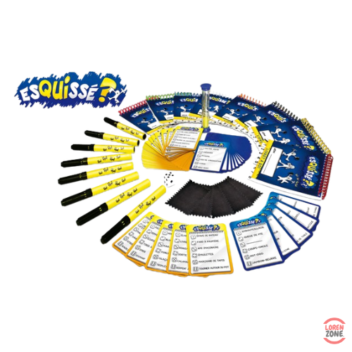Esquissé ? 8 Joueurs - contenu : 8 carnets, 8 stylos, 8 chiffons, 100 cartes, 1 sablier et 1 dé
